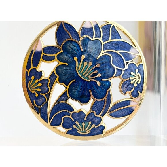 Blue Cloissone Floral Circular Gold Toned XL 90's Vintage Lapel Brooch Pin - Picture 5 of 9